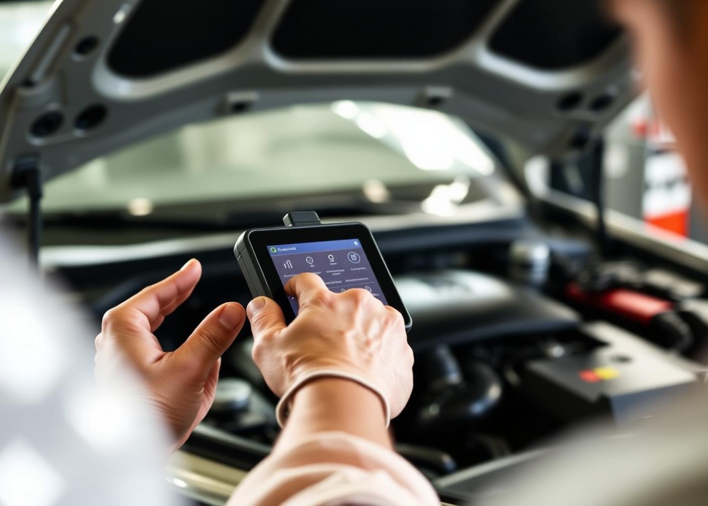 Mechanic using touchscreen diagnostic scanner