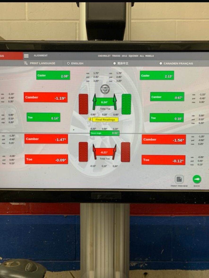 Alignment readings on an alignment rack screen